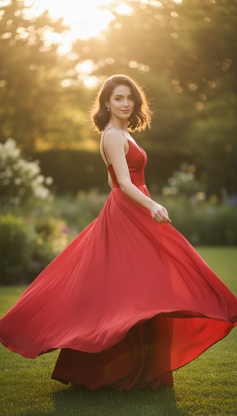Vertical, premium cinematic frame of Mila facing the camera in a flowing red dress mid-turn in a lush, sun-dappled garden, soft-focus background and gentle motion blur to emphasize the dress's movement. Her confident, inviting expression and a subtle presenting gesture showcase elegance and product detail under warm golden-hour backlighting, shot with shallow depth of field optimized for Shorts/Reels.