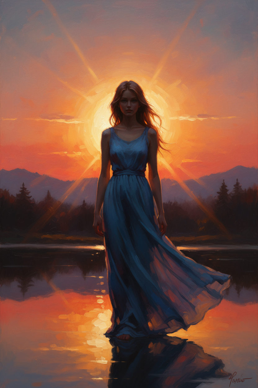 BEAUTIFUL ART, GIRL INFRONT OF SUNSET, PARTIALLY COVERING THE SUN, HER FACE DIMLY VISIBLE DUE TO THE POWERFUL LIGHT SHONE BY THE SUN.