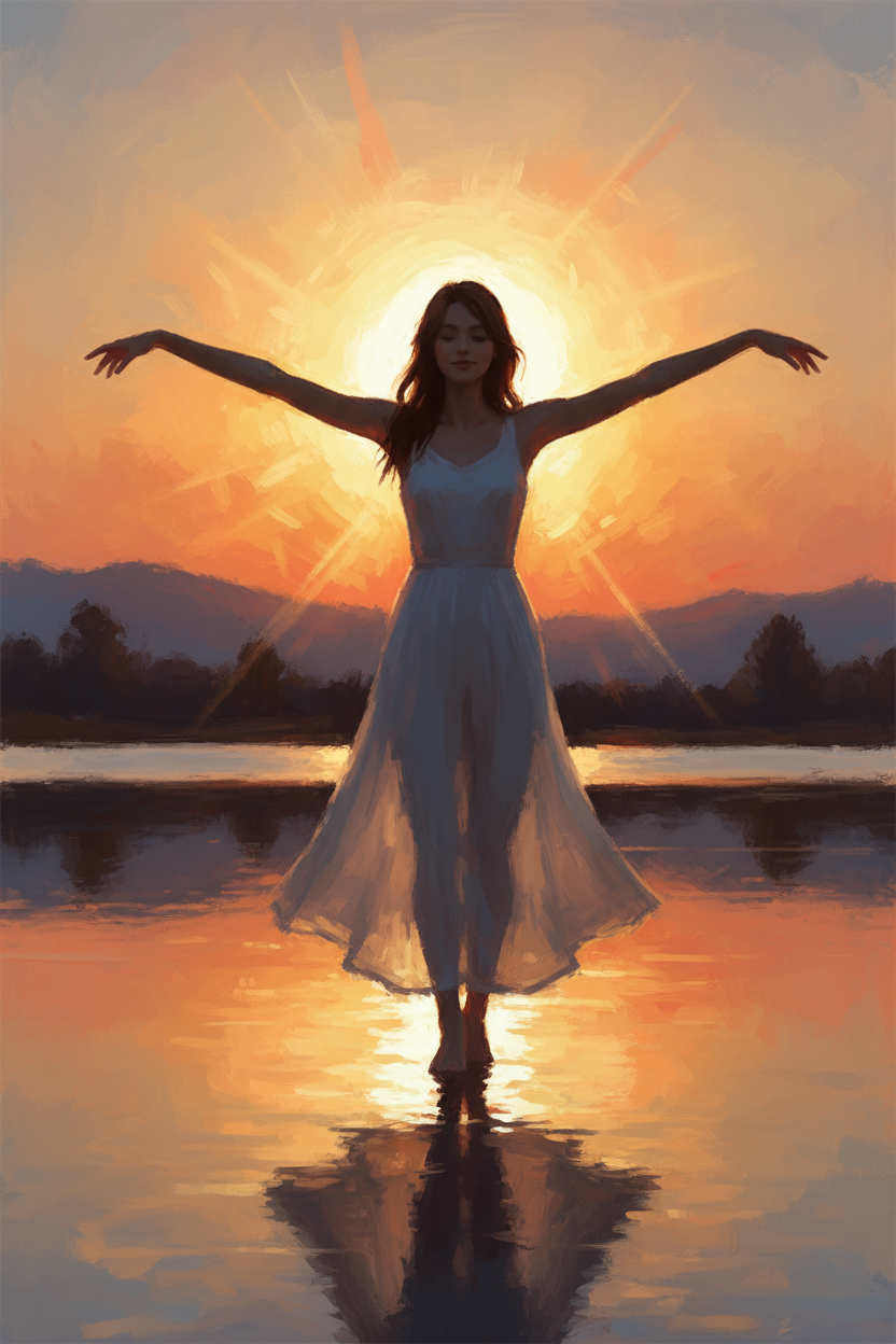 BEAUTIFUL ART, GIRL INFRONT OF SUNSET, PARTIALLY COVERING THE SUN, HER FACE DIMLY VISIBLE DUE TO THE POWERFUL LIGHT SHONE BY THE SUN.