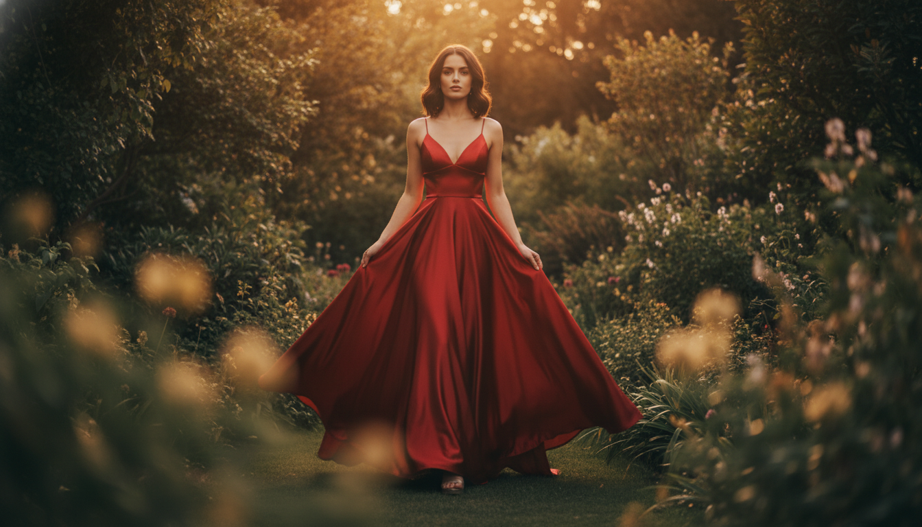 Vertical premium short-reel frame: Mila, the studio spokesperson, walks through a lush garden in a flowing red dress and then turns to face the camera with a confident, poised expression, showcasing the dress’s movement and elegance in every step. Soft-focus foreground, golden-hour cinematic lighting, slow-motion billowing fabric, shallow depth of field, mid-to-full body framing, luxurious color grading, and no text or signage visible in-frame.