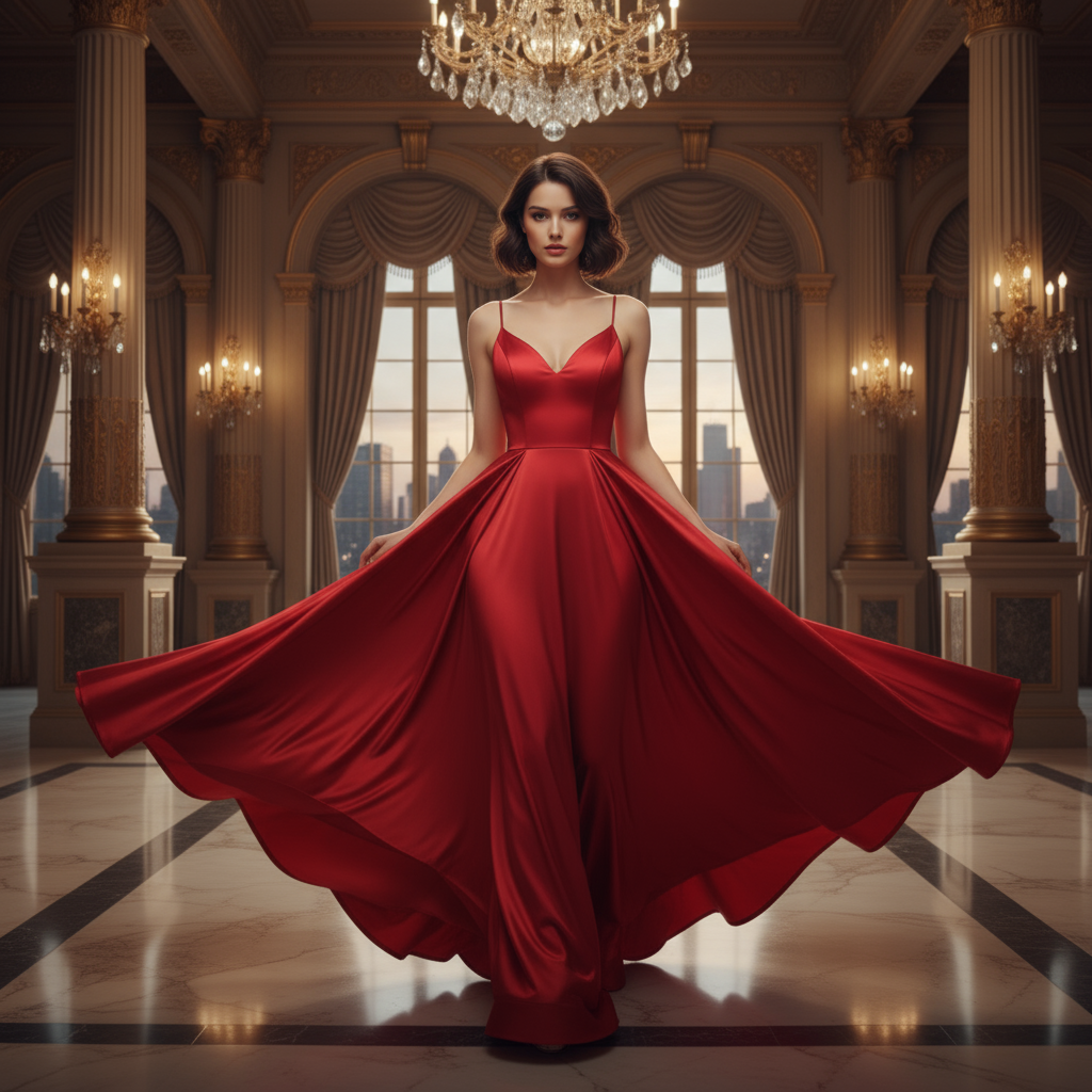 In a luxurious setting, Mila elegantly showcases her stunning red dress, her confident gaze directed at the camera while the fabric swirls beautifully around her, embodying sophistication and grace.