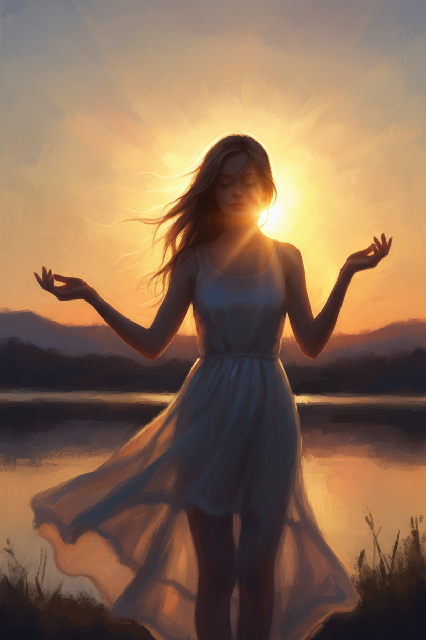 BEAUTIFUL ART, GIRL INFRONT OF SUNSET, PARTIALLY COVERING THE SUN, HER FACE DIMLY VISIBLE DUE TO THE POWERFUL LIGHT SHONE BY THE SUN.