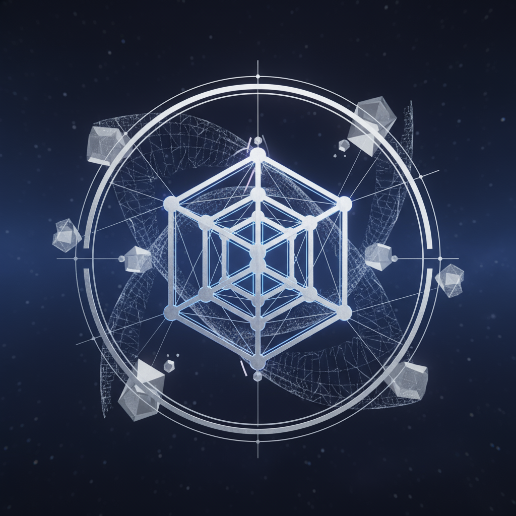 Create a sleek, glyph-like symbol that hints at unseen dimensions beyond the visible. Inspired by the geometry of a tesseract, the design should look simple at first glance but reveal complexity upon closer inspection. Modern, minimal, and deeply conceptual.