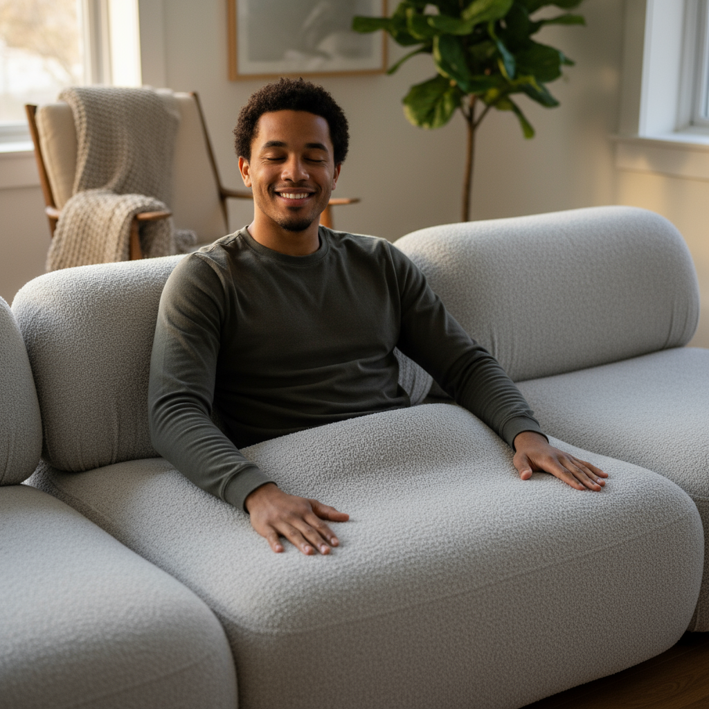 Elliot, seated facing the camera on Sofa v0.1, gently presses both hands into the cushion and visibly sinks into the plush fabric with a relaxed, inviting expression that communicates comfort; close-up texture detail, premium materials, warm natural lighting, no text, labels, or signage in-frame.