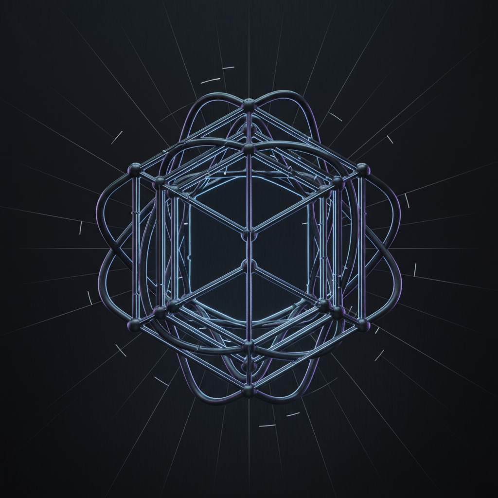 Create a sleek, glyph-like symbol that hints at unseen dimensions beyond the visible. Inspired by the geometry of a tesseract, the design should look simple at first glance but reveal complexity upon closer inspection. Modern, minimal, and deeply conceptual.