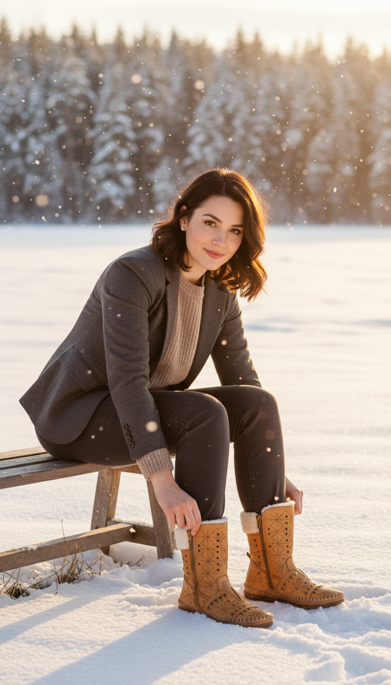 Full-body, head-to-toe, edge-to-edge portrait of Mila — a confident presenter — seated on a low wooden bench in a pristine snowfield at golden hour, facing the camera as she reaches to lace her boots; soft falling snow and snow-covered pines form a serene premium background, cinematic warm lighting that accentuates the boots’ true colors, leather grain, stitching and sole profile exactly as in the reference images.