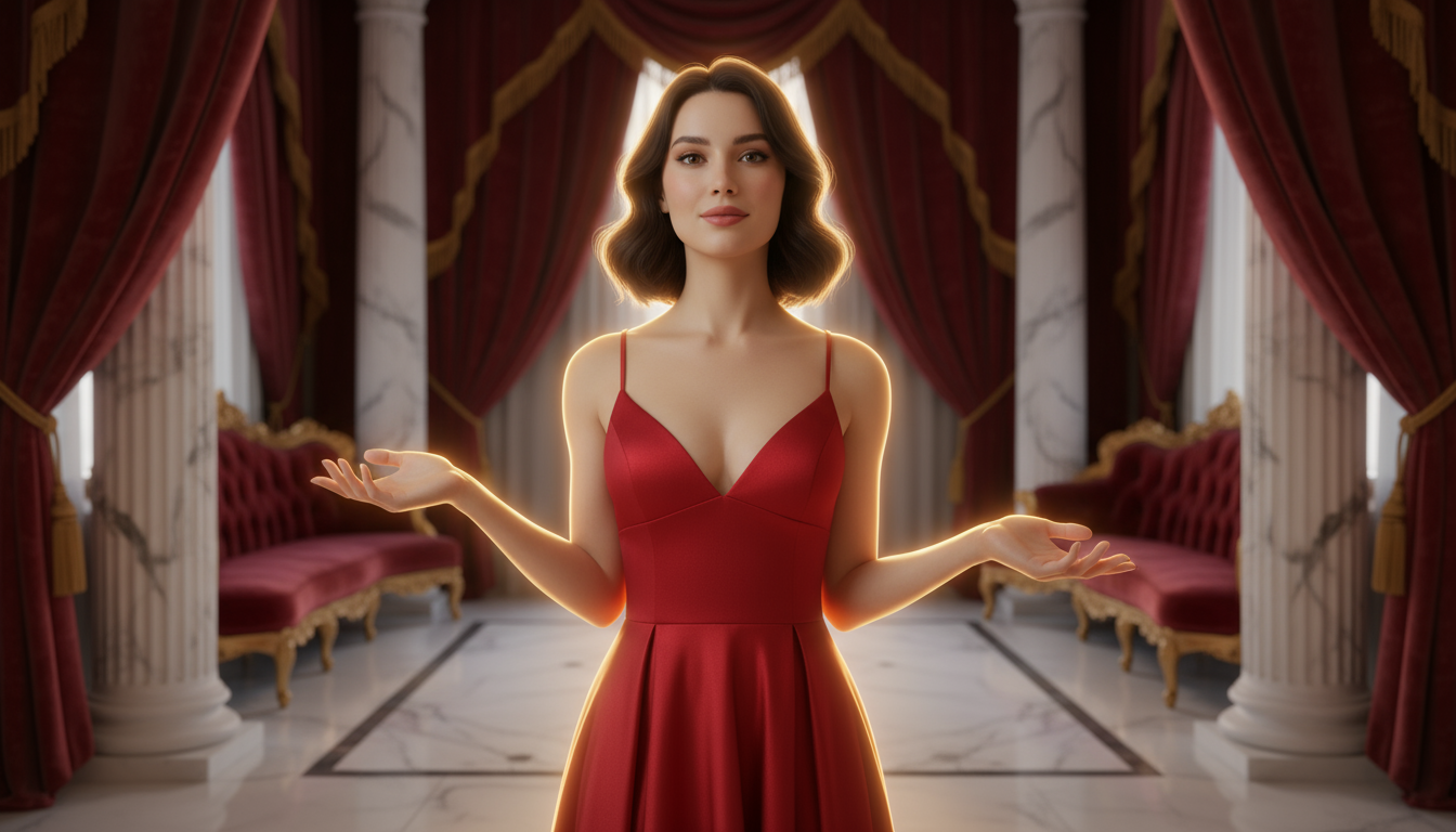 Step into Luxury: mid-shot of Mila facing the camera in a shimmering red dress, hands gently opened toward the viewer and chin tilted, radiating confidence and invitation amid plush velvet and marble accents; soft golden rim light and inspirational mood, no visible text or signage in frame.