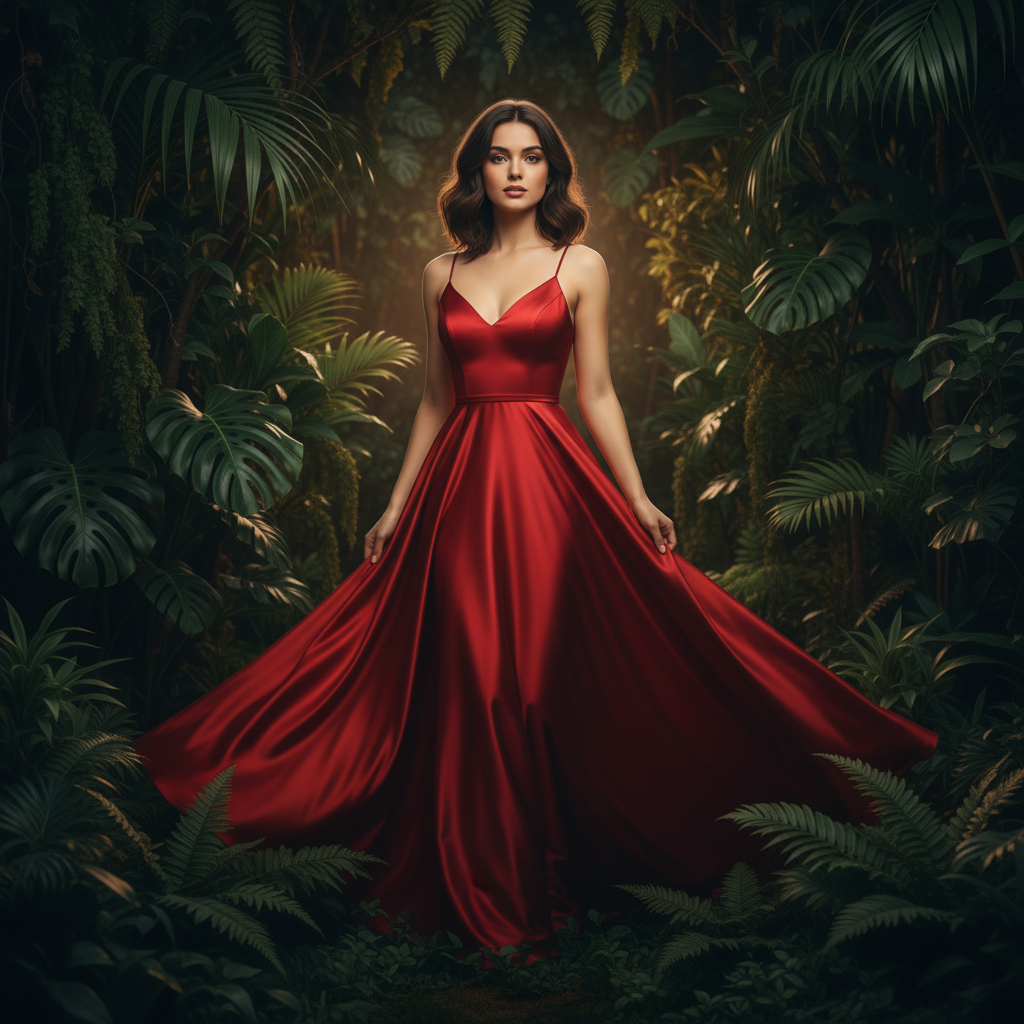 Mid-length vertical portrait of Mila in the red dress standing amid rich greenery, facing the camera with poised confidence and a subtle hand sweep that accentuates the dress’s drape and motion, backlit soft glow and refined color grading to convey ‘Elegance in Every Step’ — no on-screen text or signage.