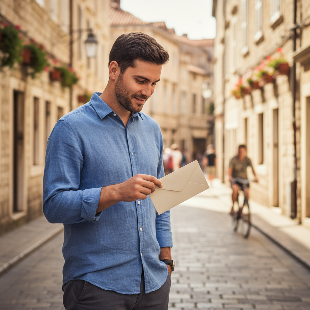 A guy with an envelope in hand.