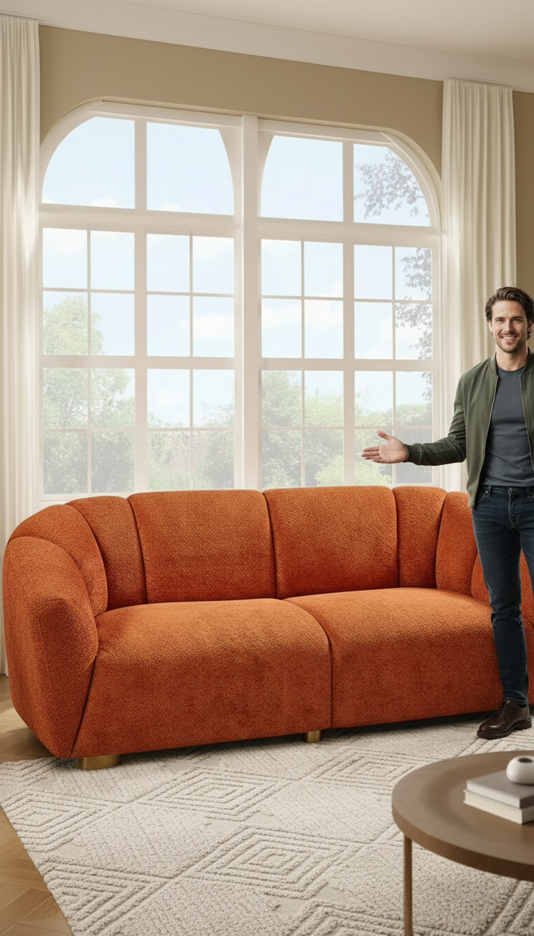 Edit the reference image into a premium, beautifully styled living room with Elliot facing the camera, a warm confident smile and an elegant open-handed gesture toward Sofa v0.1. Use soft cinematic lighting and a subtle slow-zoom composition that draws attention to the couch's luxury upholstery, precise stitching and brass legs.