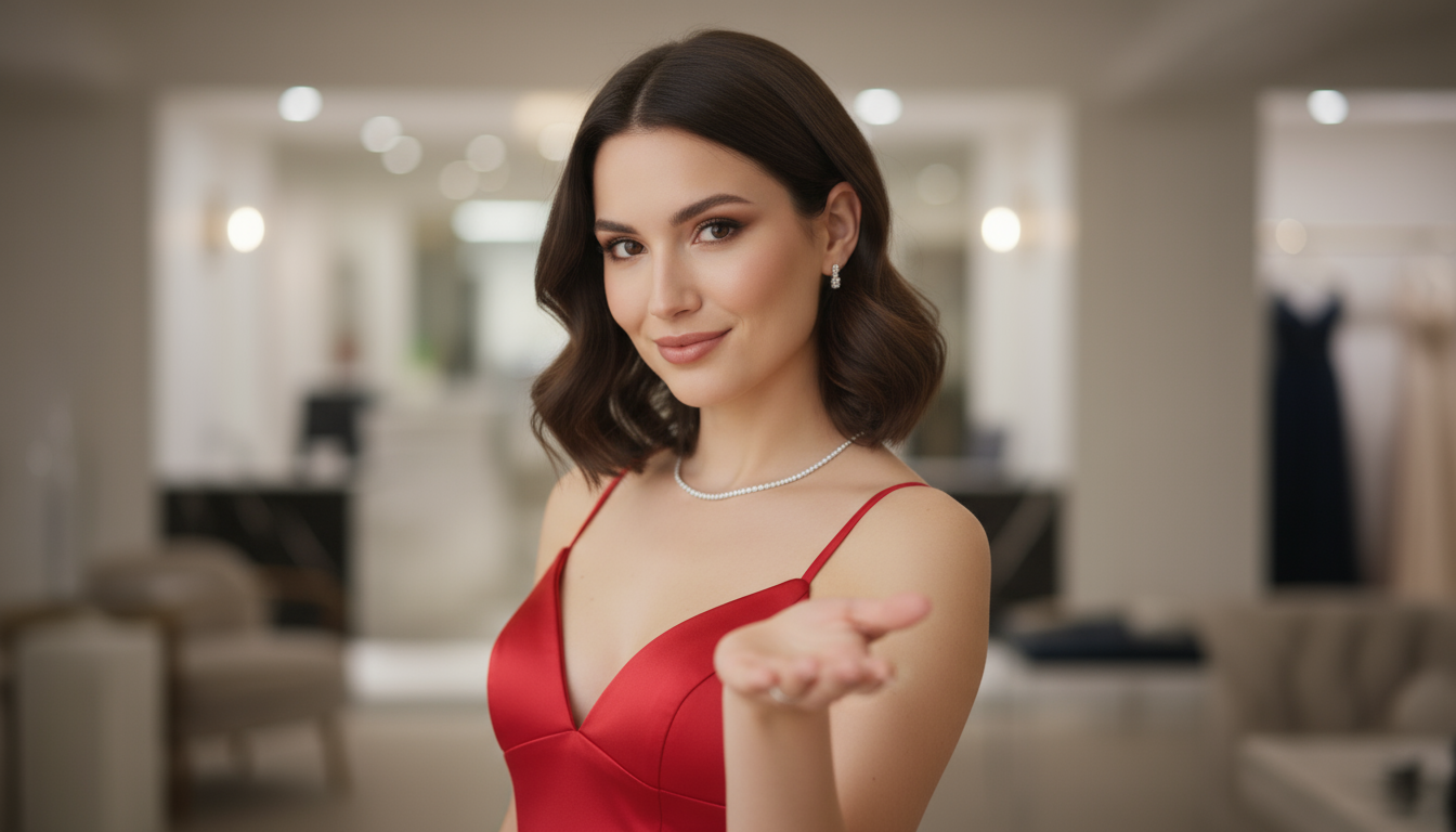 Step into Luxury: close-up portrait of Mila facing the camera with a subtle head tilt and knowing, confident smile, red dress visible at the shoulders and delicate jewelry, her hand subtly reaching forward as if offering the dress, luxurious out-of-focus interior behind; premium glow, no visible text or signage in frame.