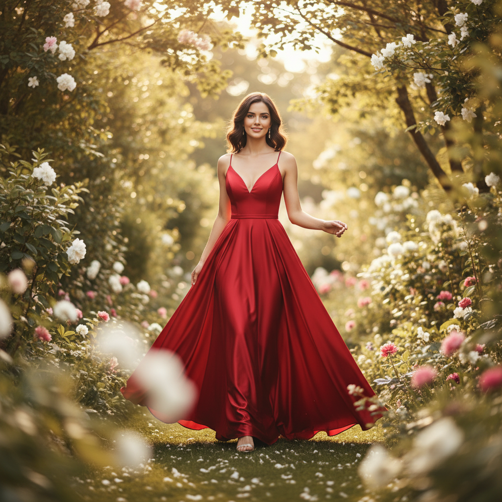 Vertical premium short-reel frame of Mila, the studio spokesperson, elegantly walking through a lush sunlit garden in a flowing red dress; as she turns and faces the camera she gives a confident, inviting smile and a graceful forward step that highlights the dress’s fluid movement, soft-focus foreground and cinematic bokeh, premium styling — no on-screen text or signage.