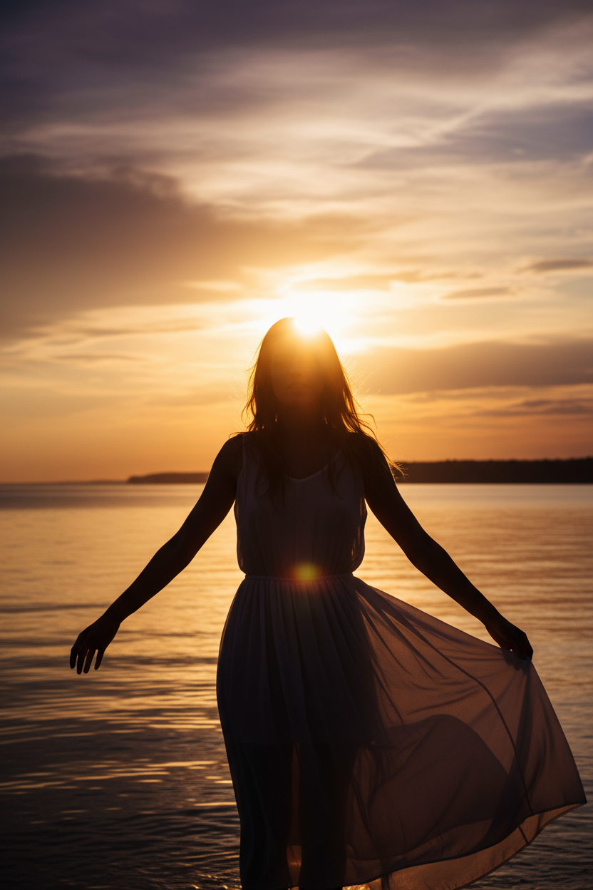 BEAUTIFUL ART, GIRL INFRONT OF SUNSET, PARTIALLY COVERING THE SUN, HER FACE DIMLY VISIBLE DUE TO THE POWERFUL LIGHT SHONE BY THE SUN.  HYPER REALISTIC.
