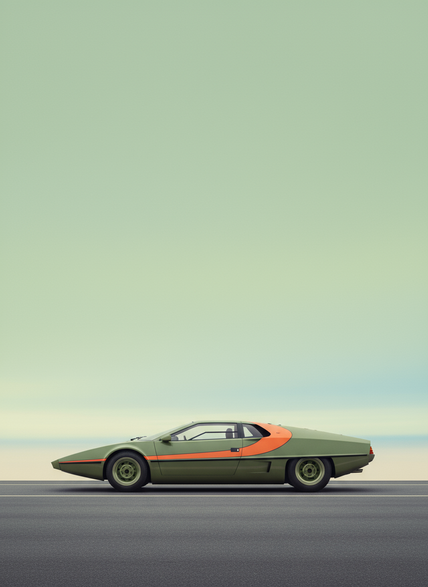 A minimalist, cinematic side-profile photo of a retro-futuristic sports car parked on a road. The car is low-slung with a wedge-shaped design, painted in a muted olive green with a bold orange accent across the top and sides. The background is a large, empty expanse of soft green sky, creating a surreal and artistic atmosphere. The composition is simple and centered, with a strong focus on negative space and modern editorial aesthetics. The lighting is soft and diffused, giving the scene a calm, almost dreamlike mood.