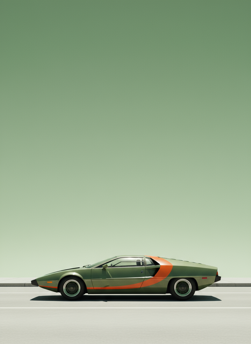 A minimalist, cinematic side-profile photo of a retro-futuristic sports car parked on a road. The car is low-slung with a wedge-shaped design, painted in a muted olive green with a bold orange accent across the top and sides. The background is a large, empty expanse of soft green sky, creating a surreal and artistic atmosphere. The composition is simple and centered, with a strong focus on negative space and modern editorial aesthetics. The lighting is soft and diffused, giving the scene a calm, almost dreamlike mood.