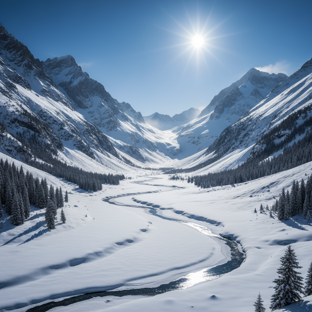 A vast, sunlit alpine landscape blanketed in snow under a clear blue sky. Jagged mountain peaks rise dramatically from the frozen terrain, and the bright sun casts sharp, crisp light across the scene. The atmosphere feels serene, cold, and expansive, capturing the beauty and stillness of a high-altitude winter environment.