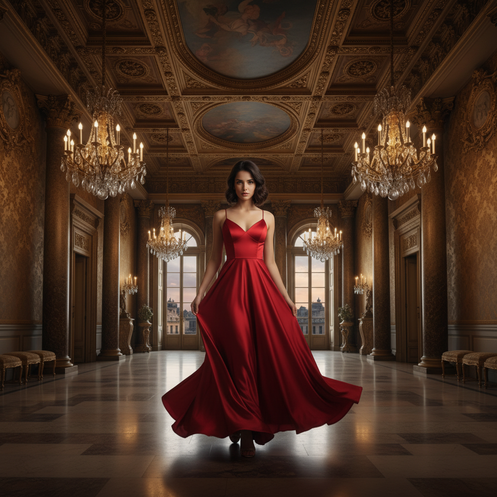 Mila stands confidently in a grand, opulent interior, wearing a flowing red dress that cascades around her as she prepares to spin, her poised expression radiating elegance and allure.