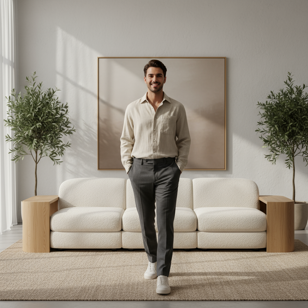 Elliot, facing the camera, confidently walks toward Sofa v0.1 in a premium minimalist living room, mid-stride with a warm, product-savvy smile that showcases the sofa’s elegant silhouette and plush upholstery; soft directional light, shallow depth, Gen Z styling, no visible text, logos, or signage in-frame.